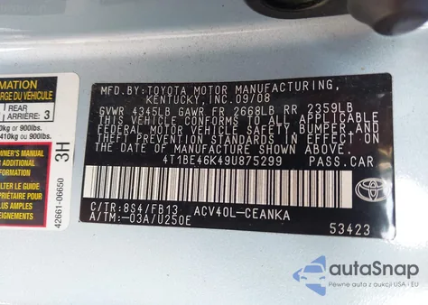 2009 Toyota Camry Le z USA, uszkodzony, nr VIN 4T1BE46K49U875299